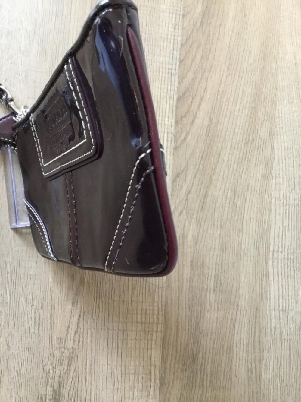 Vintage Coach Patent Leather Wristlet Dark Burgundy, Contrast Stitching - Picture 6 of 8